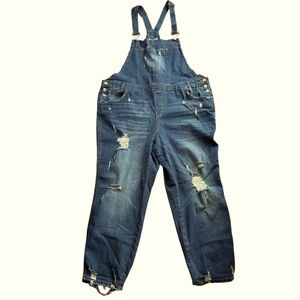 Almost Famous by Wallflower Distressed Denim Overalls Plus 0X - 14W Stretchy